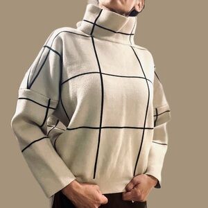 Chicwish Wool Blend Grid Windowpane Turtleneck Sweater Small